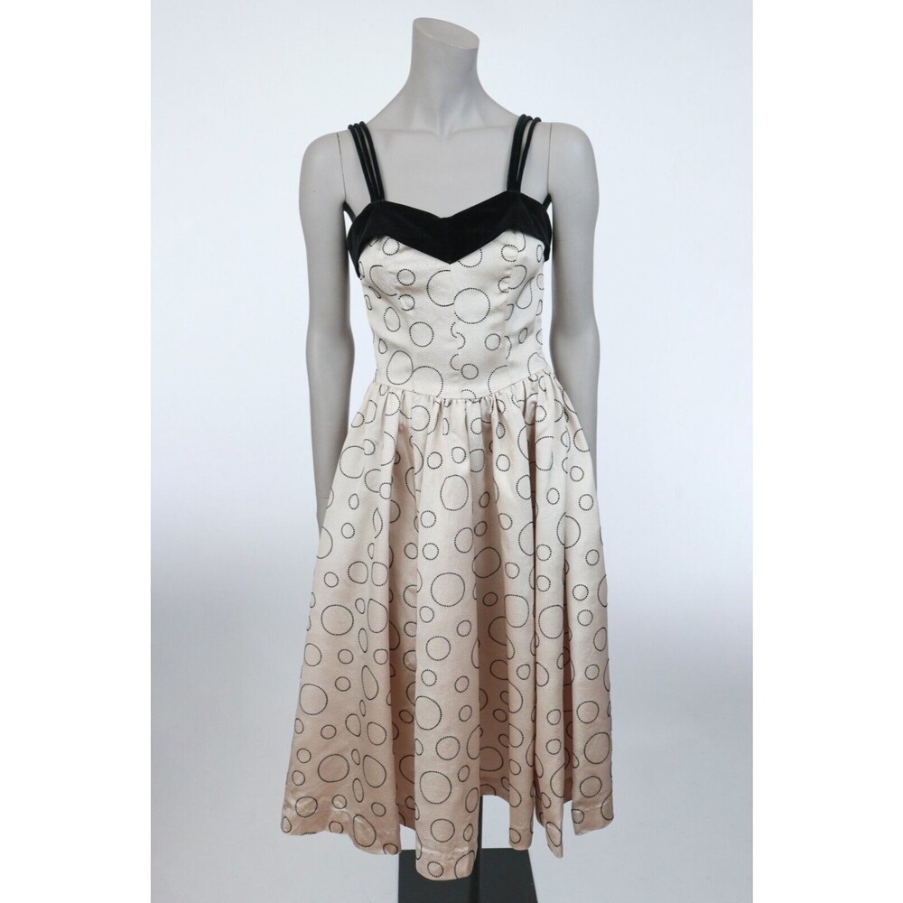 Vintage 1950s 50s Champagne Rose Pink Flocked Satin & Velvet Full Skirt Dress XS
